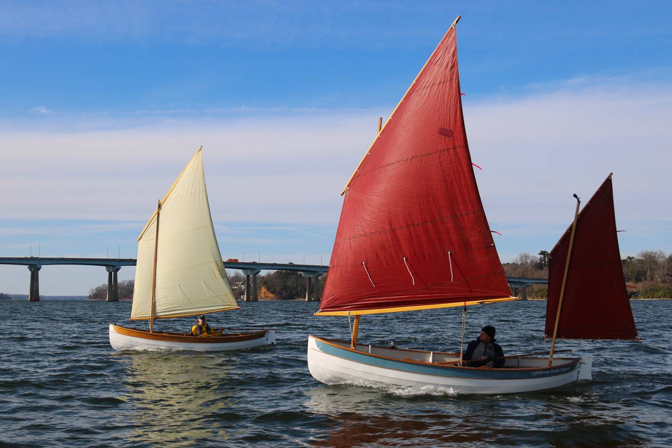 The Lighthouse Tender Peapod has two sailing rig options: cat-yawl or single lug sail