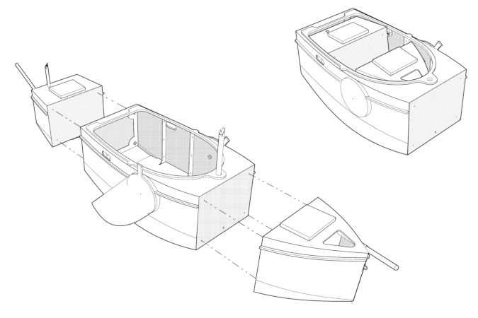 The Nesting Expedition Dinghy unbolts in three sections that fit inside one another