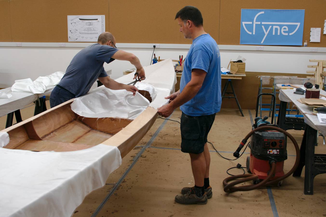 Fibreglassing the Expedition Wherry on a boatbuilding course at Fyne Boat Kits
