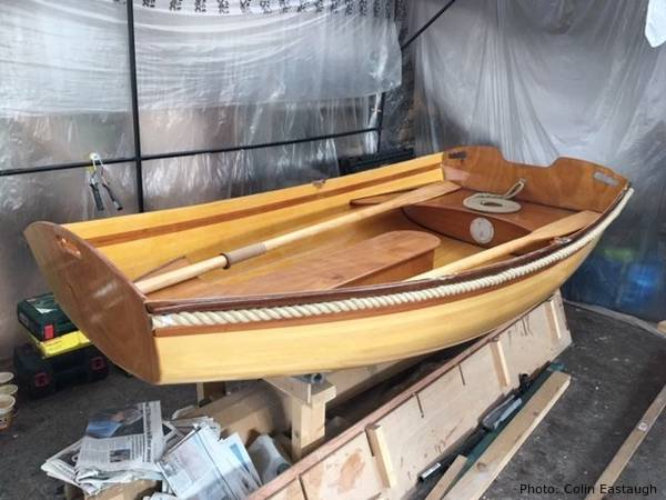 The Coot is a wooden rowing boat built using the cedar-strip method