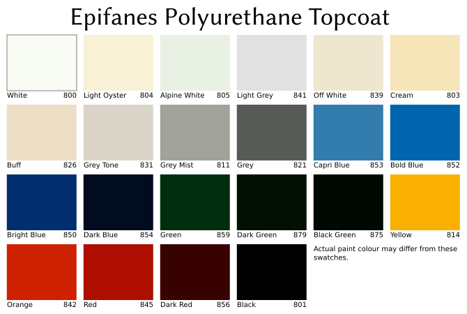 Colour swatches for Epifanes Polyurethane Topcoat