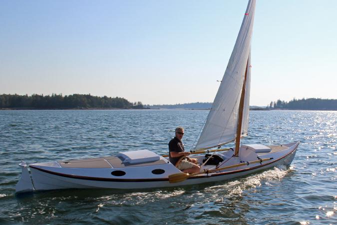 The Faering Cruiser can be rowed and sailed and has a small cabin aft