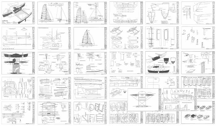 The Madness proa plans include 31 sheets of architectural drawings, also included in the wood kit