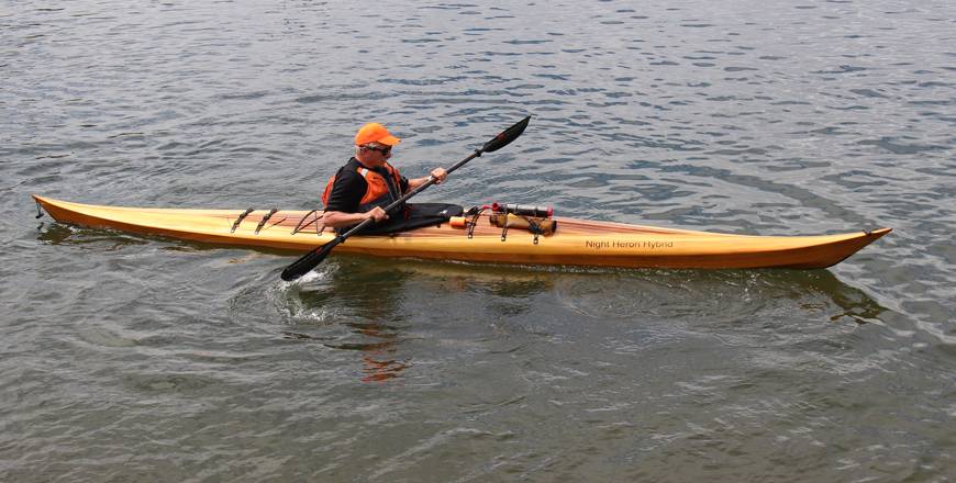 Hybrid Night Heron high-decked sea kayak with a cedar strip deck