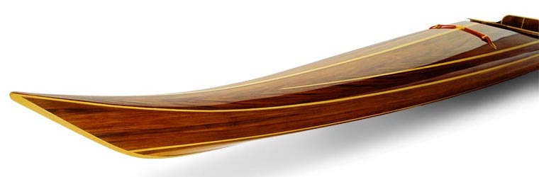 Varnished bow of a Night Heron cedar strip sea kayak