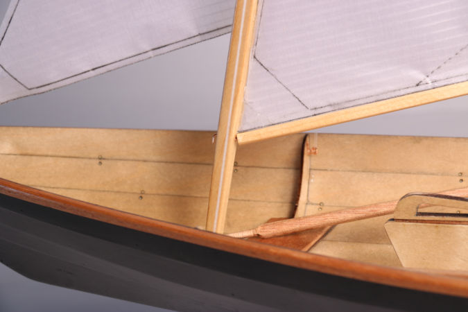 A scale model of the Northeaster Dory, constructed like the full-size boat
