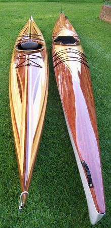 A pair of Pax wooden kayaks with custom cedar strip decks
