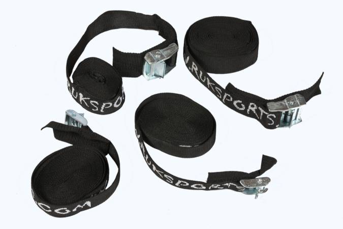 Extra-wide webbing straps with heavy-duty cam buckles for fastening a boat to a roof rack or trolley