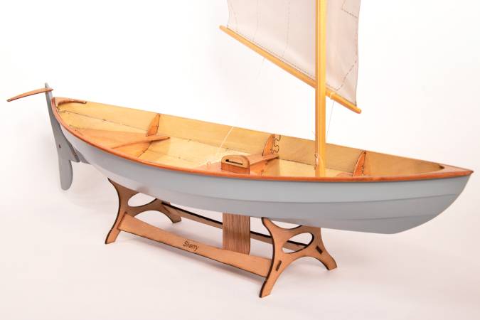 A scale model of the Skerry, set up as a sailing boat with the lug rig