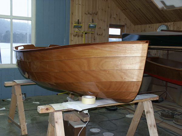 A clinker bow on a rowing boat made from a kit supplied by Fyne Boat Kits