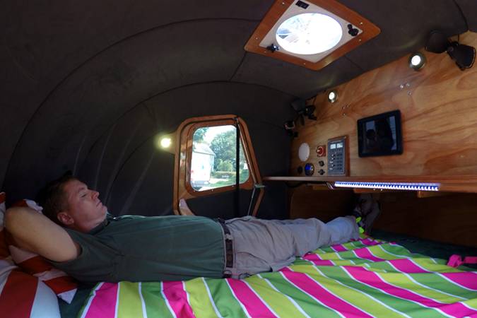 The spacious interior of the stitch-and-glue teardrop camper comfortably fits two adults