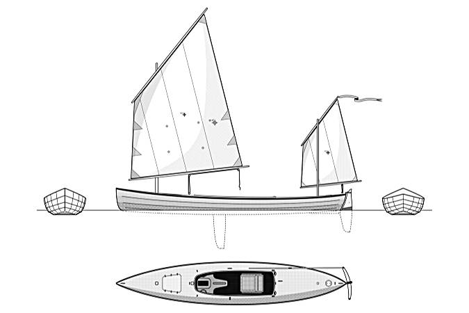 Line drawing of the Waterlust sailing canoe