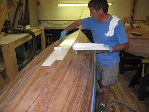 Building a wooden wherry tandem rowing boat painting