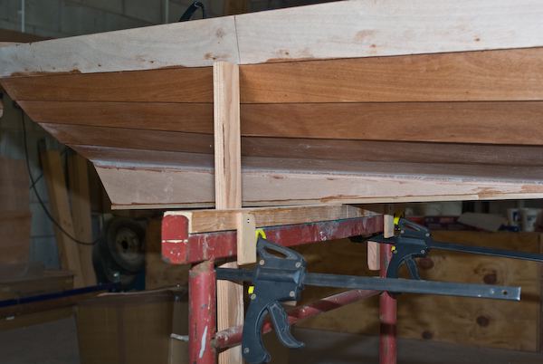 Close up of the skeg on a wherry rowing boat during the building of a kit