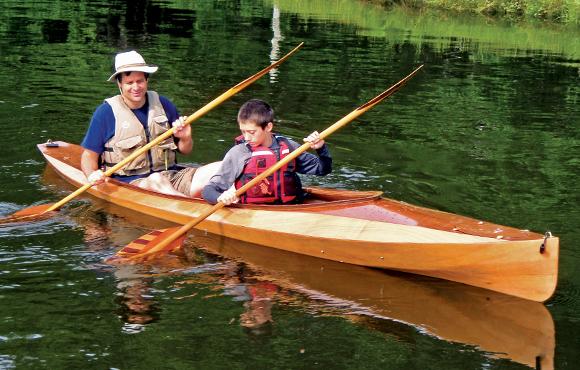 The Wood Duck Double is a compact tandem kayak built from a wooden kit