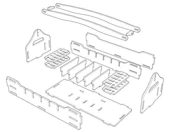 An exploded diagram of the wooden toolbox kit