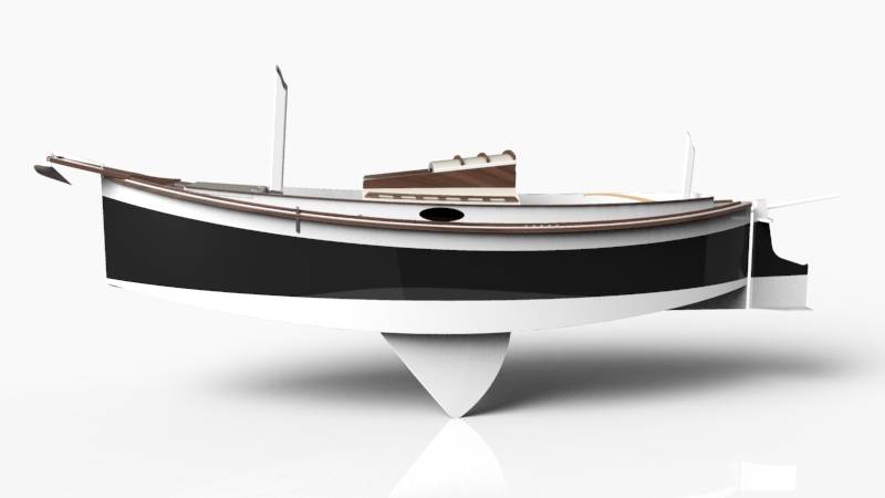 Autumn Leaves wooden canoe yawl designed for engineless coastal cruising by sail and oars