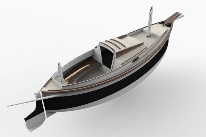 Autumn Leaves wooden canoe yawl designed for engineless coastal cruising by sail and oars