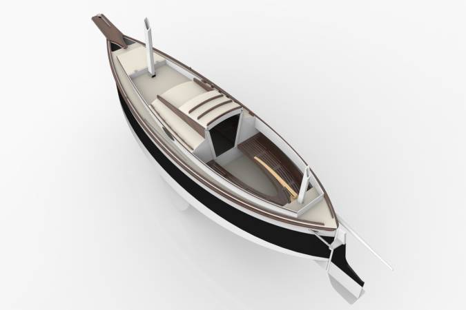 Autumn Leaves wooden canoe yawl designed for engineless coastal cruising by sail and oars