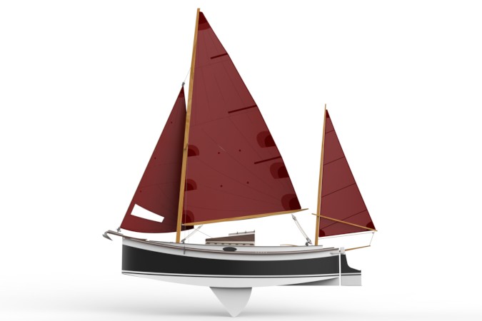 Autumn Leaves wooden canoe yawl designed for engineless coastal cruising by sail and oars