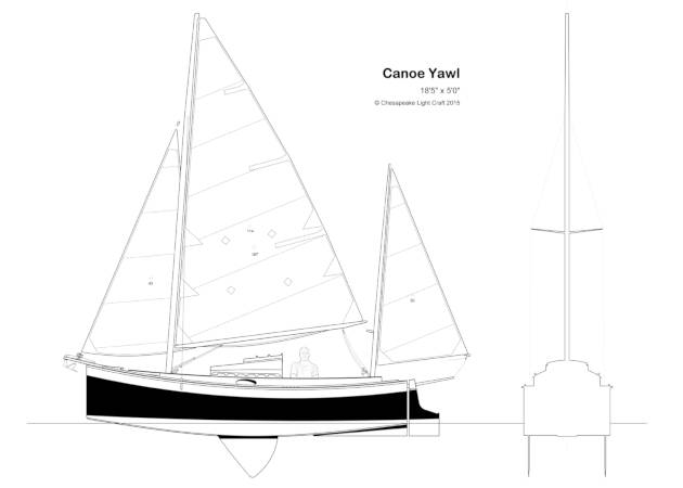 Autumn Leaves wooden canoe yawl designed for engineless coastal cruising by sail and oars