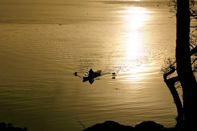 Rowing the Expedition Wherry at sunset