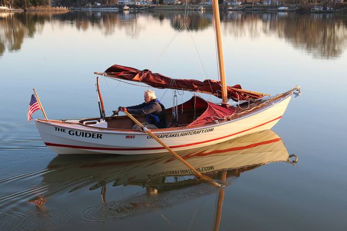 The Guider is a rugged, comfortable open boat for cruising under sail and oar