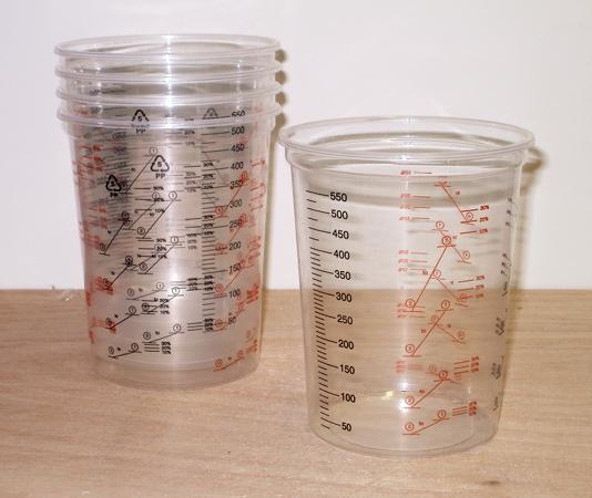 Cups for mixing and measuring epoxy or twin-pack paint or varnish