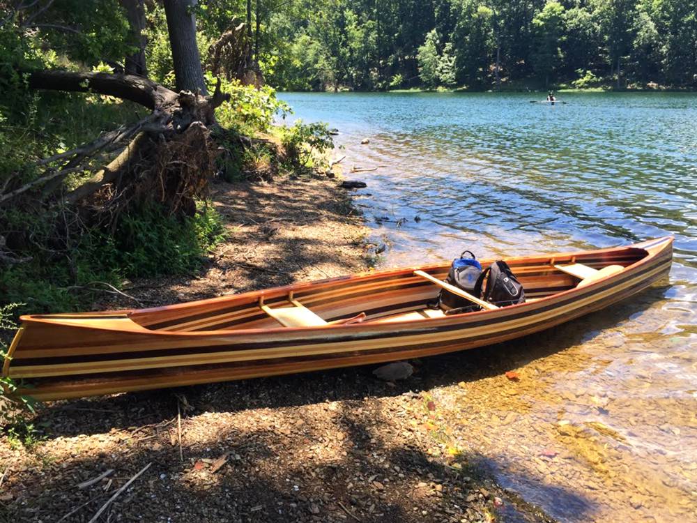 The wood-strip planked Mystic River tandem canoe