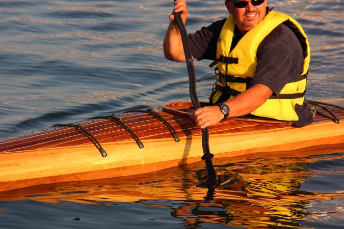 Hybrid Night Heron high-decked sea kayak with a cedar strip deck