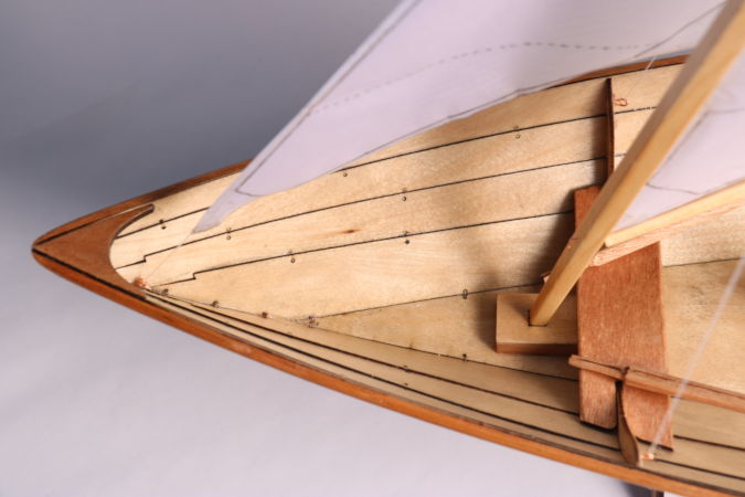 A scale model of the Northeaster Dory, constructed like the full-size boat