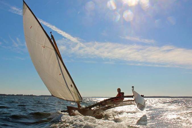 The Outrigger Junior is a fast sailing canoe with a huge lateen sail