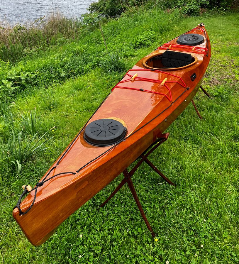 The Petrel Scout SG wooden kayak is built using the stitch-and-glue method