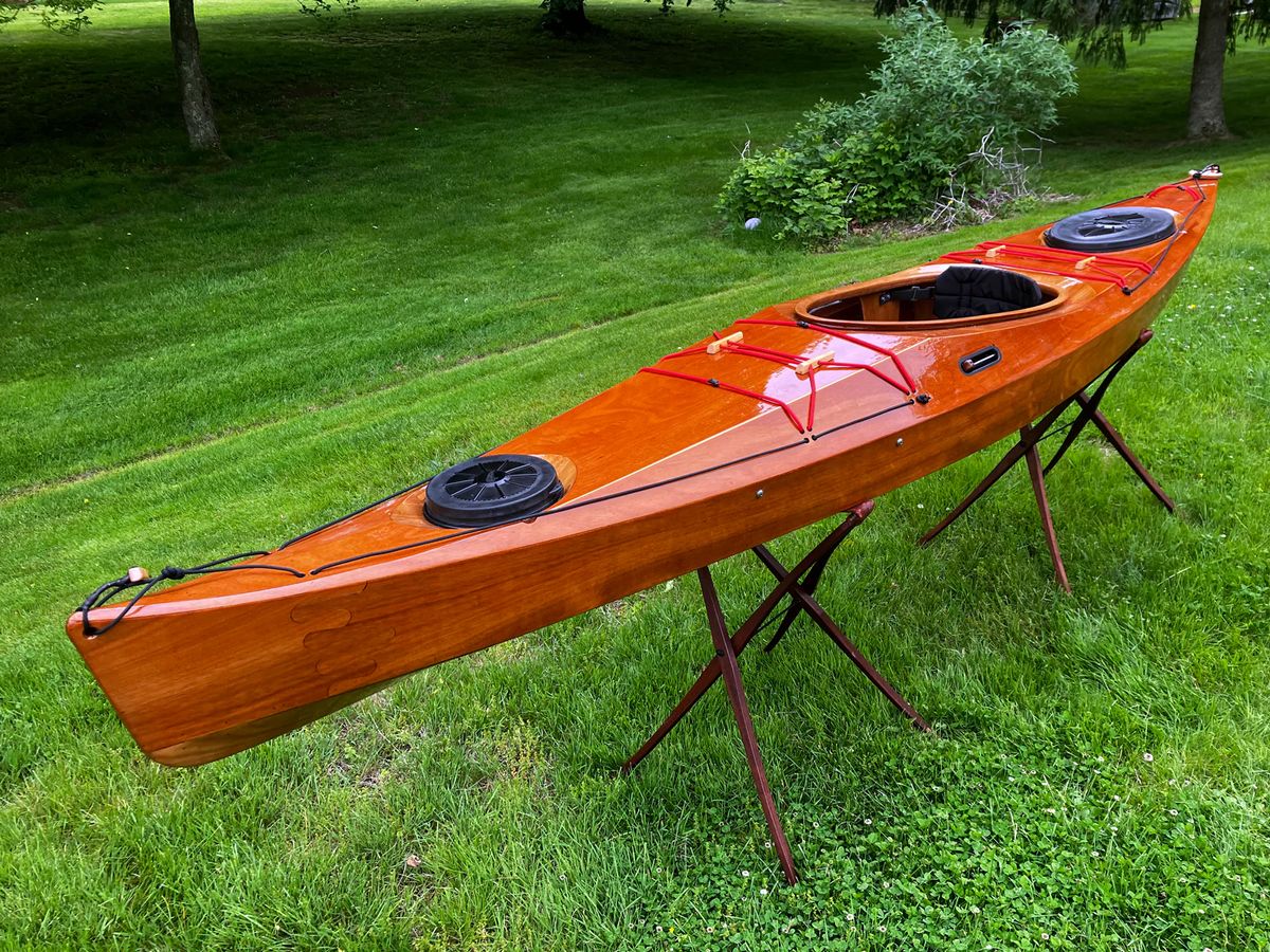 The Petrel Scout SG wooden kayak is built using the stitch-and-glue method
