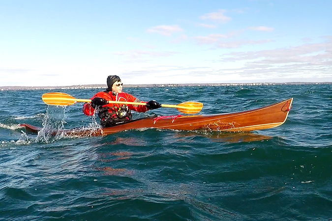 The Petrel Play cedar-strip wooden sea kayak