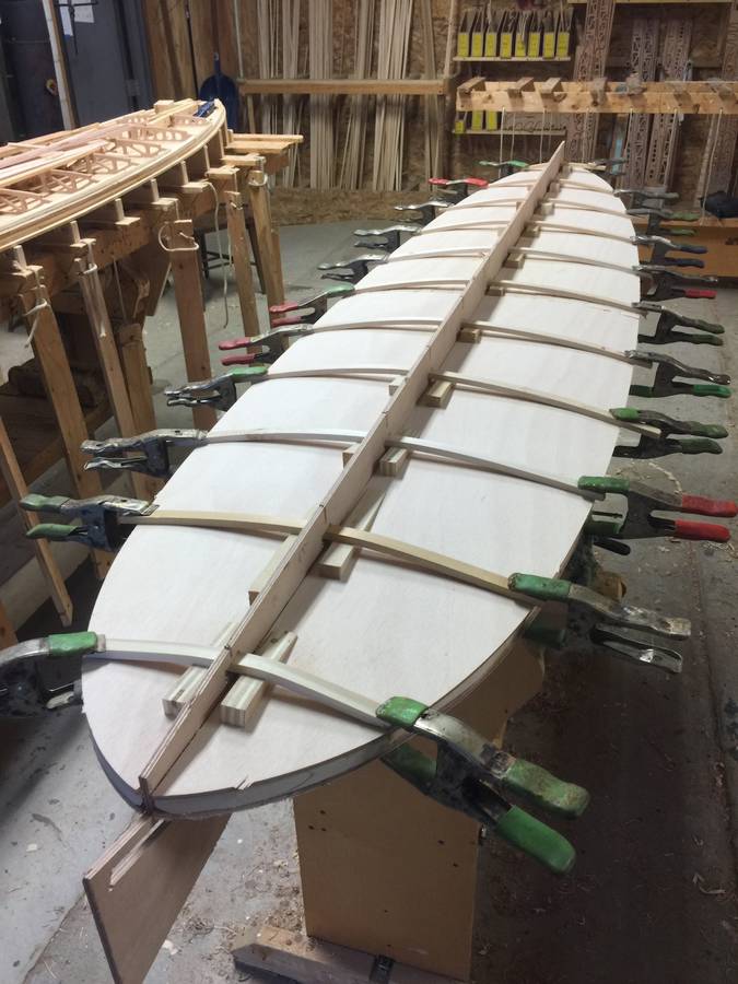 Assembling a Grain PlyBeam surfboard - clamping the top planks
