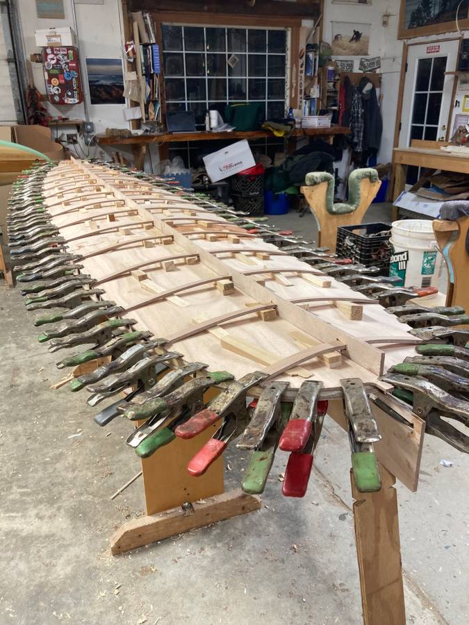 Assembling a Grain PlyBeam surfboard - gluing the top planks