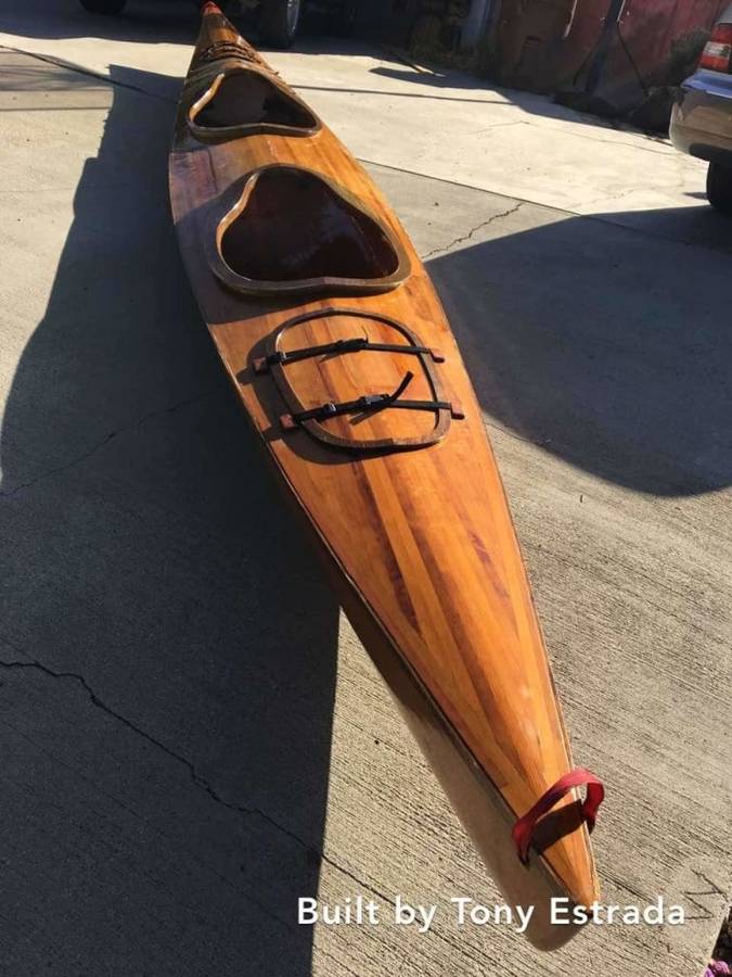 The Reliance Tandem is a two person wood-strip kayak for comfortable and efficient cruising