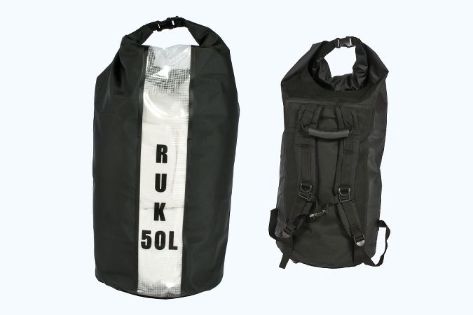 50 litre Ruk dry bag with rucksack carry straps