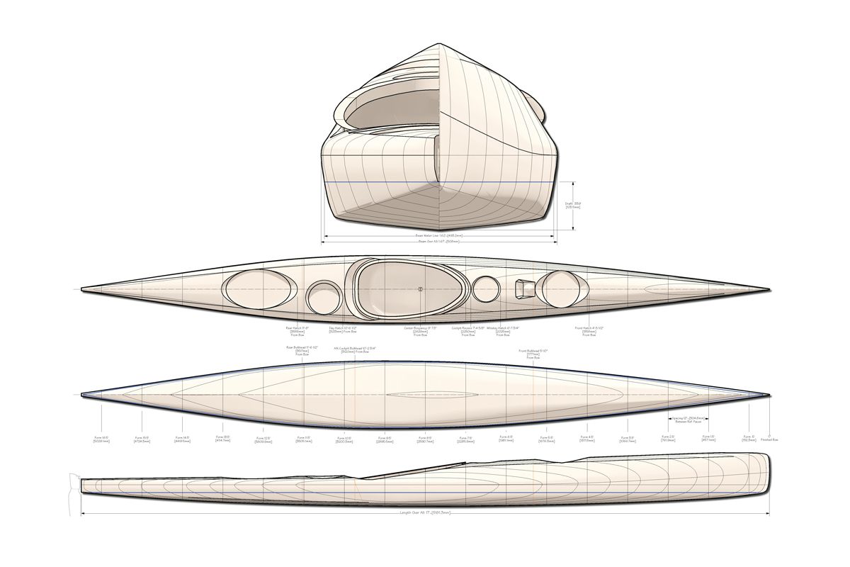 Line drawings for the Runner expedition sea kayak from Guillemot Kayaks