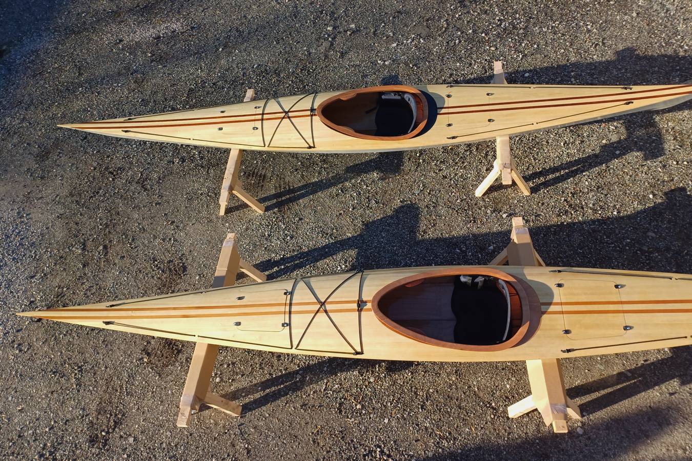 A pair of ready built Shearwater 17 Hybrid wooden kayaks