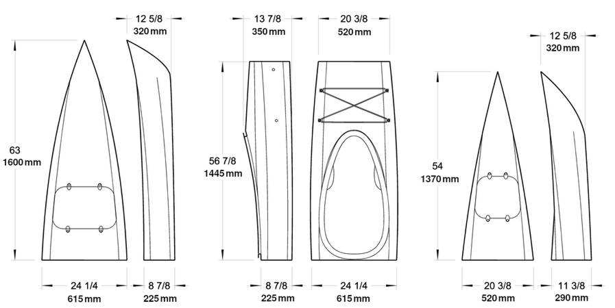 Measurements of the three parts of the Sectional Shearwater Sport kayak