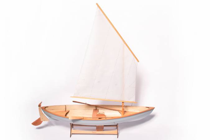 A scale model of the Skerry, set up as a sailing boat with the lug rig