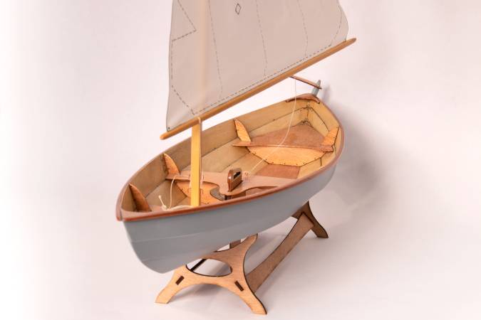 A scale model of the Skerry, set up as a sailing boat with the lug rig