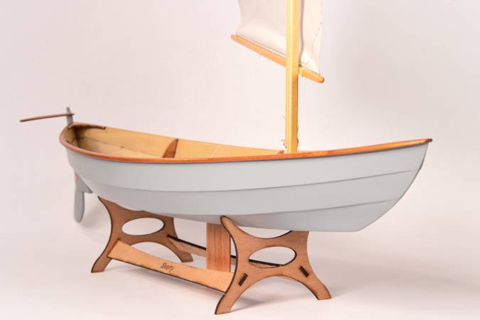 A scale model of the Skerry, set up as a sailing boat with the lug rig