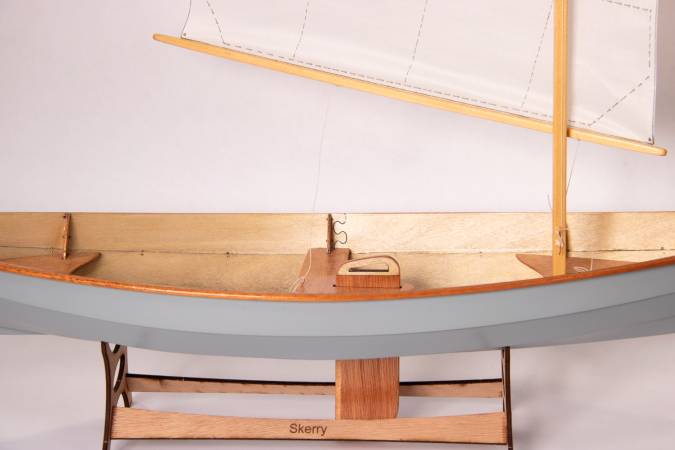 A scale model of the Skerry, set up as a sailing boat with the lug rig