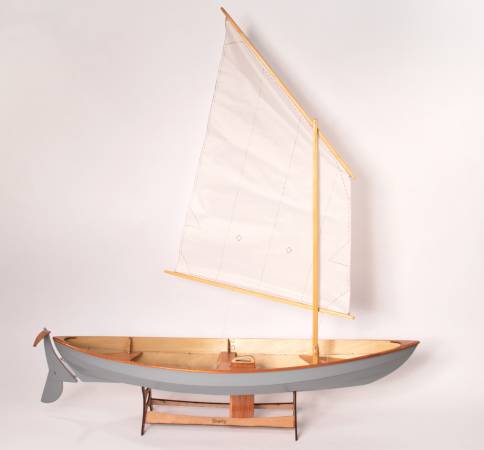 A scale model of the Skerry, set up as a sailing boat with the lug rig
