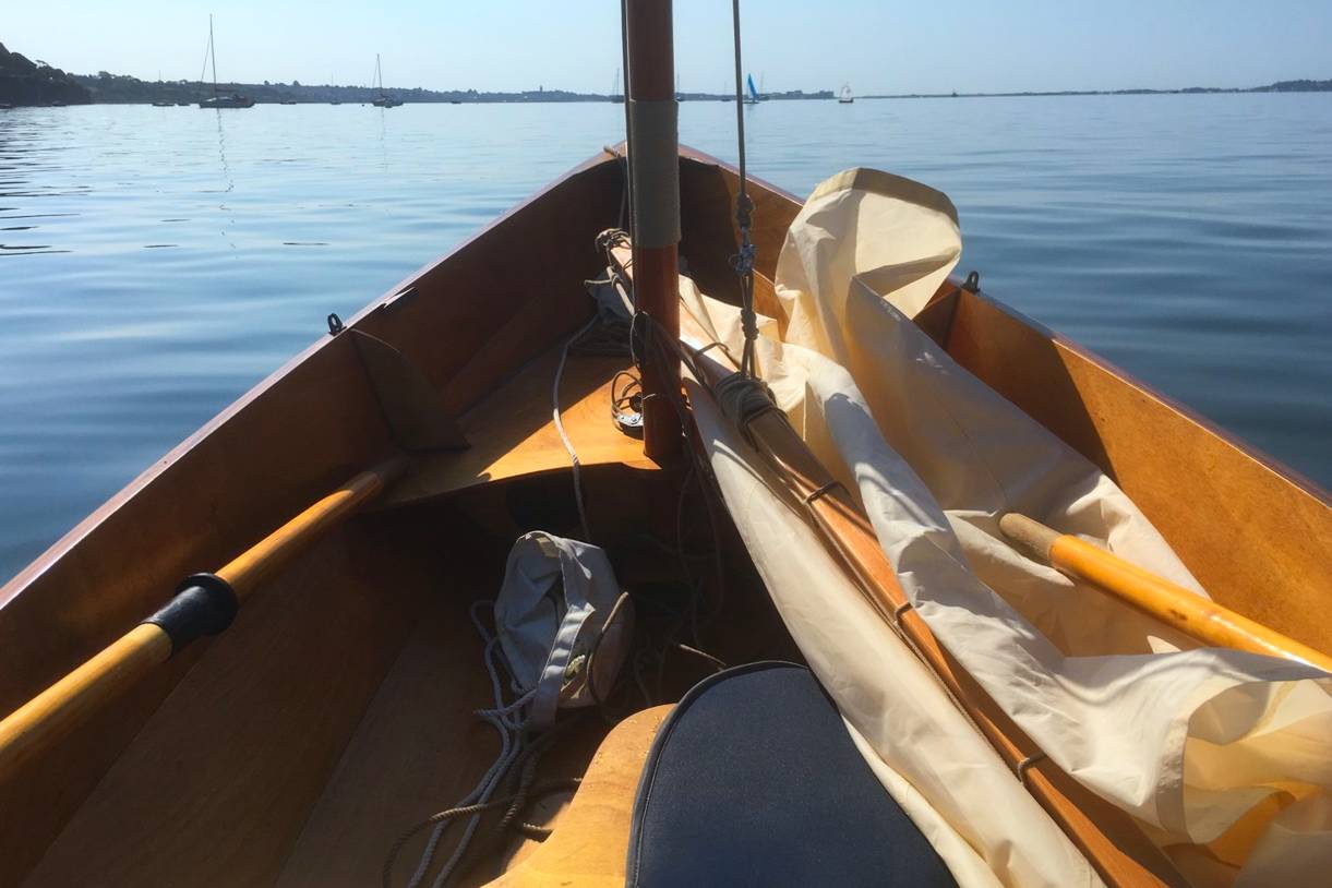 The interior of the Skerry with the lug rig sailing upgrade