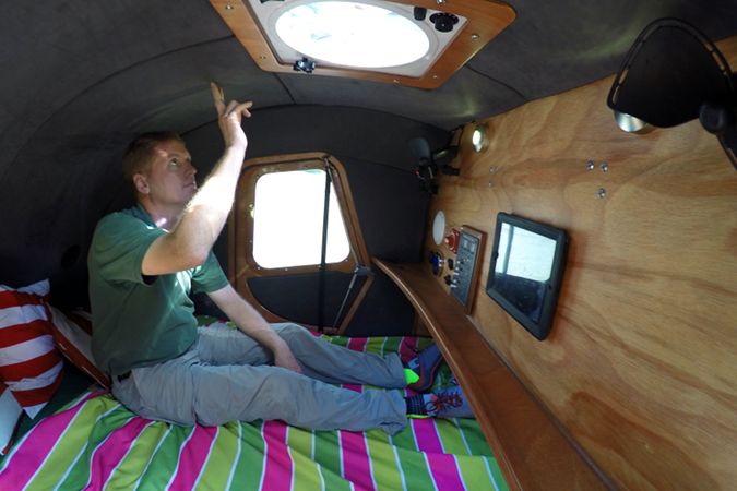 The spacious interior of the stitch-and-glue teardrop camper comfortably fits two adults