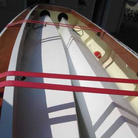 Both amas (floats) of the Trika 540 trimaran can be stored inside the main hull